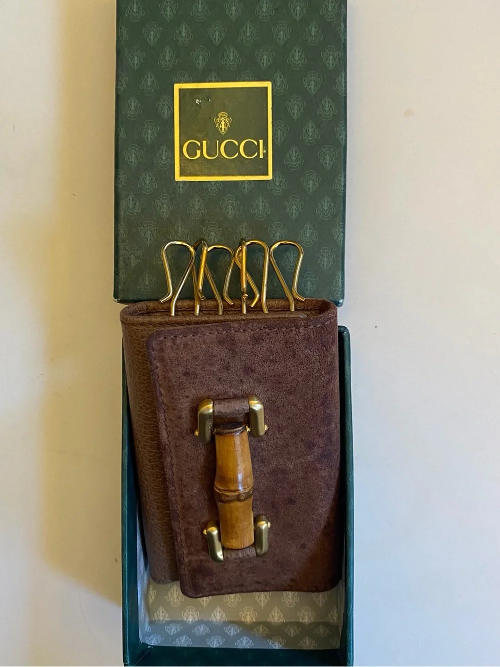 Gucci Brown Pebbled Leather Key / Card Case with Gold-Tone / Bamboo Hardware